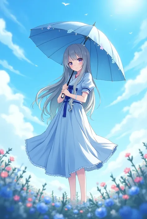  anime girl holding a blue umbrella in a field of flowers, Hestia, Anime cute style, Beautiful anime , Anime Goddess, Anime girl holding flowers , Jinaiyi, Beautiful anime  art,  Anime girl with long hair, Beautiful fantasy anime, Beautiful anime  girl, Be...