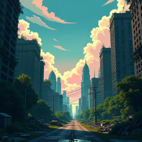  CREATE A CITY FROM THE LAST OF US, WITH AN ANIME SKY . without people 