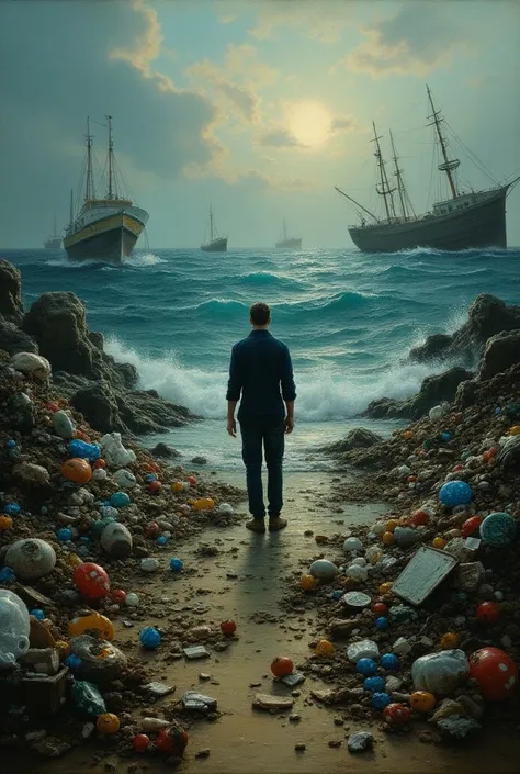 an image about environmental pollution of the ocean with garbage,  plastic waste and scrap with the characteristics of neoclassical painting by Jaques Louis David.