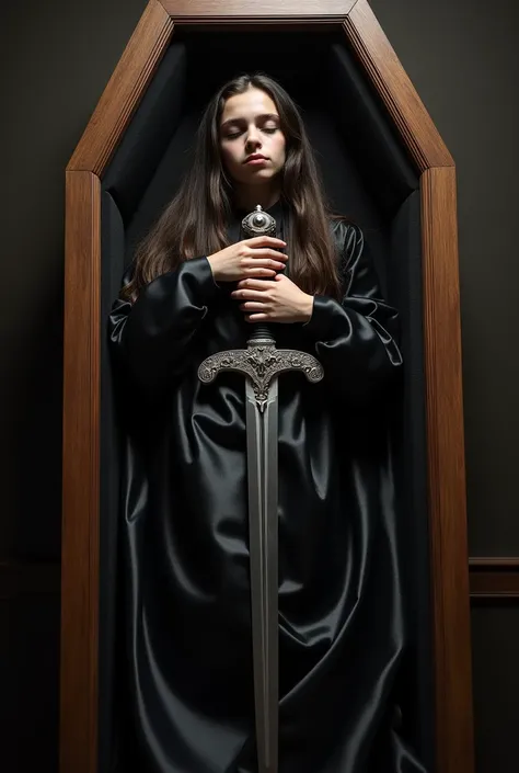 Dead very young girl very long hair eyes closed mouth closed barefoot dressed in satin black shroud hands folded on chest holding decorated long sword lying in satin coffin in funeral home being blessed by preist full view