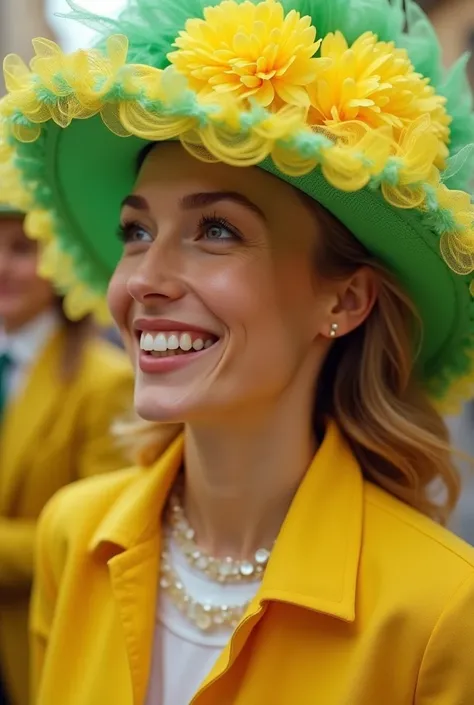 “Catherinettes”, a joyful tradition that celebrates the freedom of single women aged 25. Extravagant hats, yellow and green, symbolize hope and entry into a new phase of life. Realistic, beautiful, modern, light, festive, HD image