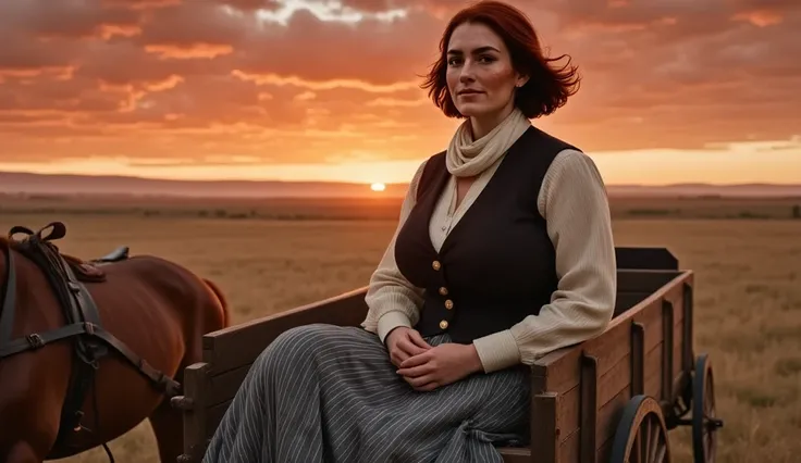 Photorealistic, cinematic style, a picture of a beautiful British woman as a 1800s pioneer woman. Shes sitting in a horse-pulled wagon, holding the reins in her hands. In the background a view of the vast american prairies. Red sunset. Windy. Shes got brow...