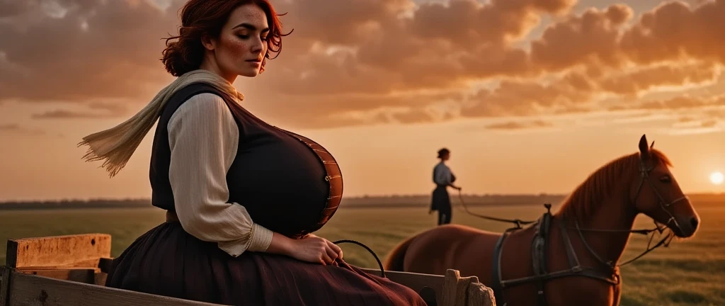 Photorealistic, cinematic style, a picture of a beautiful British woman as a 1800s pioneer woman. Shes sitting in a horse-pulled wagon, holding the reins in her hands. In the background a view of the american prairies. Red sunset. Windy. Shes got brown eye...