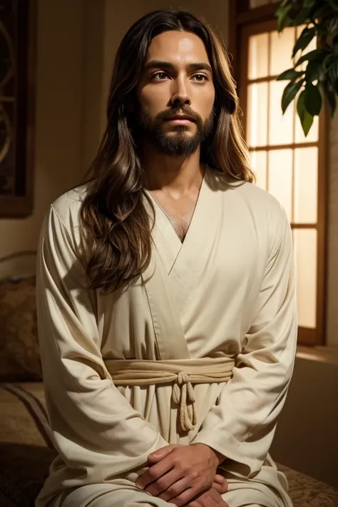 An illustration of Jesus with a serene and gentle expression. He has shoulder-length hair, soft, compassionate eyes, and wears simple robes. He stands or sits calmly, one hand raised in a blessing gesture while the other rests on his chest. The background ...