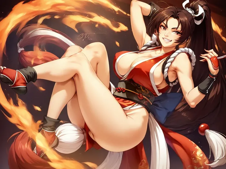 1 woman, mai shiranui,  seductive pose , mischievous smile, Dancing, fire around 