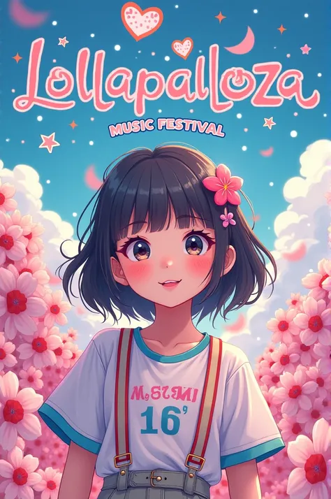 Make a Lollapalooza poster with the brands style and a cute and pastel pink anime style