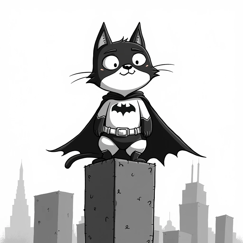  Create a simple cartoon of an animated character that appears to be a cat dressed in a Batman uniform perching on top of a building in Gotham city .  The character has large ears ,  a small nose and is portrayed with a smiling expression . The background ...