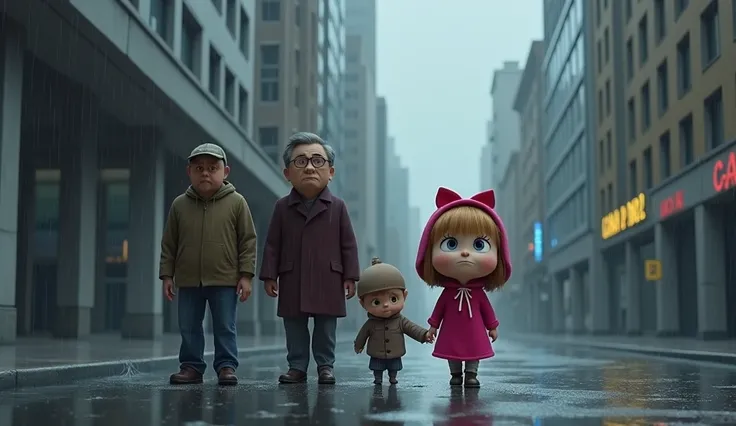 Masha from the animated show ‘Masha and the Bear’ is walking with her family in the city streets. They look very downcast, and it’s raining