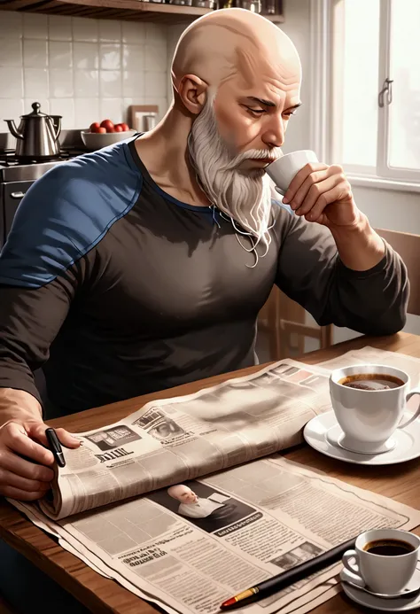  bald man with long white beard ,  sits at a kitchen table ,  drinking a cup of coffee , Read the daily newspaper , UHD, realistic, Details