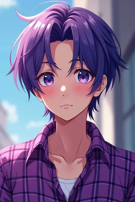 Purple Haired Man Wearing Purple Plaid Shirt Anime