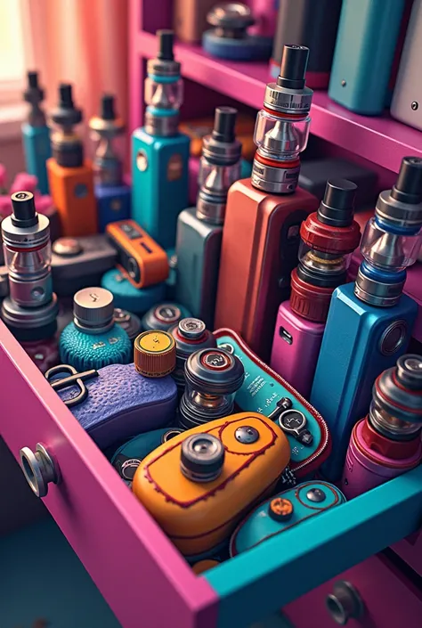 Create 10 vapes in a colored drawer mixed with bags and more things without flowers 