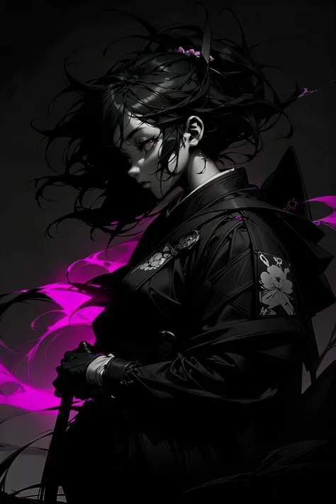 samurai girl, in the style of black and white,pink eyes,silhouette,atmospheric impressionism, darkly romantic realism, pre-rapha...