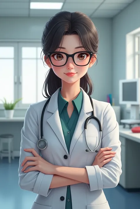 Mona girl , wearing black glasses,  in veterinary uniform