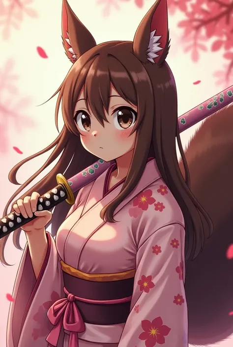 Furry squirrel girl ,  anime style demon slayer, Skin a little bit dark , Furry Nose , with black eyes ,  long brown hair , with Japanese kimono with floral print and pastel pink katana