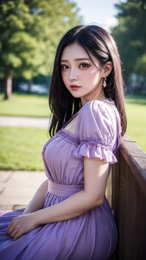 photo shoot, masterpiece,  best quality, 8k,  Hi-Res,  Hi-Res,  absurd:1.2,  Kodak Portra 400, film grain, Blurred Background, Bokeh:1.2,  lens flare , ( bright color :1.2), 1 girl,  purple eyes,  Movie Lighting、Purple and   black hair 、President&#39;s dau...