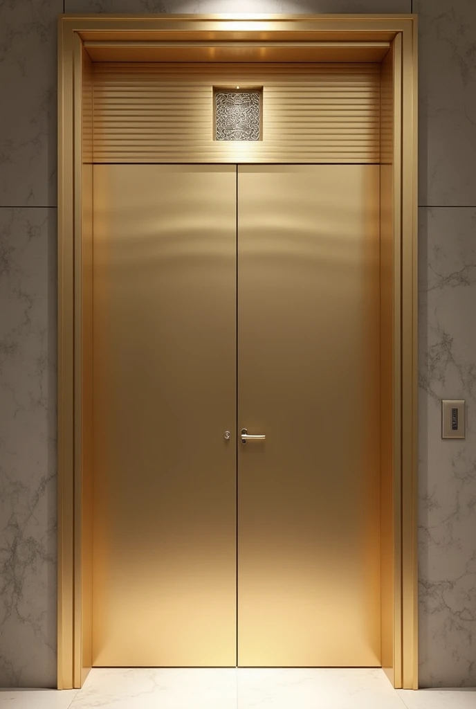 Create a 90 cm x 220 cm champagne metallic door with a small side-to-side horizontal rectangle at the top to see inside and design with horizontal lines 