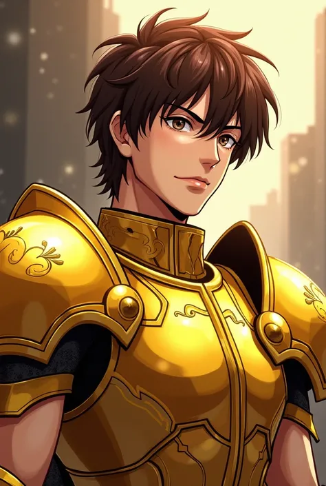 A man with brown hair and brown eyes, 1.64cm tall, with a decisive and brave look, wearing golden armor in the shape of a scale, which represents the sign Libra, whose plates of the scale are used as shields.(saint seiya)