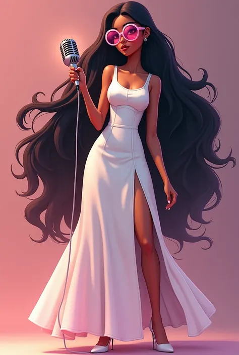 Half-white girl with long black hair with circular pink sunglasses wearing a long church dress and a Disney-version microphone with her full body down to her feet with closed shoes   