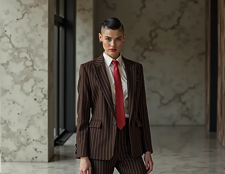  generates a woman wearing a striped dark brown tomboy suit, pearl or white shirt and red tie that matches 