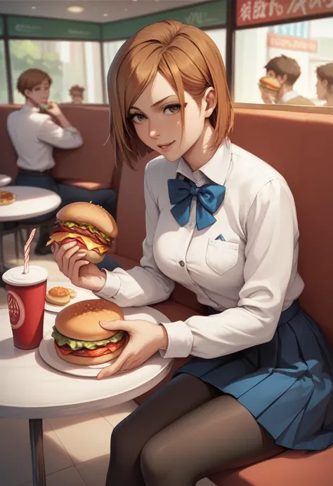 masterpiece,best quality,nsfw,1 girl,short hair,brown hair,brown eyes,precise fingers,dress shirt,skirt,long black tights,long sleeve,hamburger restaurant,meal,sit on a chair,Kugisaki Nobara,