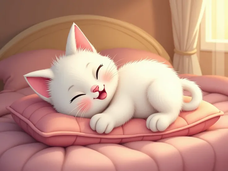 A cute cat, With white fur and a pink nose, He likes to have his belly stroked,
He stretches out on his little pillow!
He purrs softly, making us smile,
With him its joy, just laughing and playing. Like a Disney cartoon