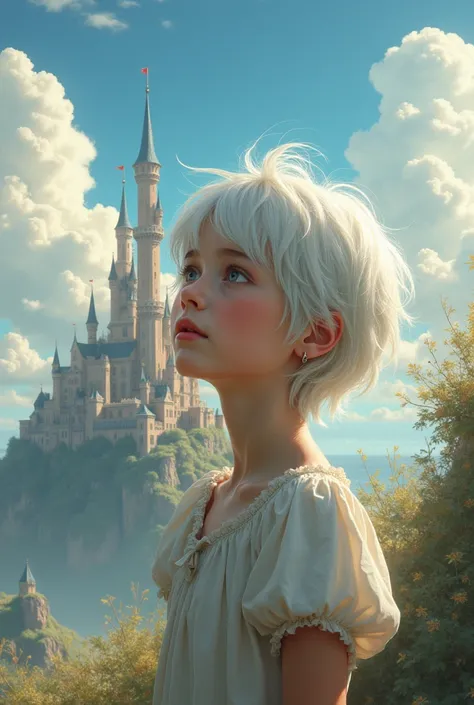 ((best quality, masterpiece)), 
1 girl, white messy hair,short hair,  outdoor, clouds on background,fantasy, middle Ages, castle on the background
