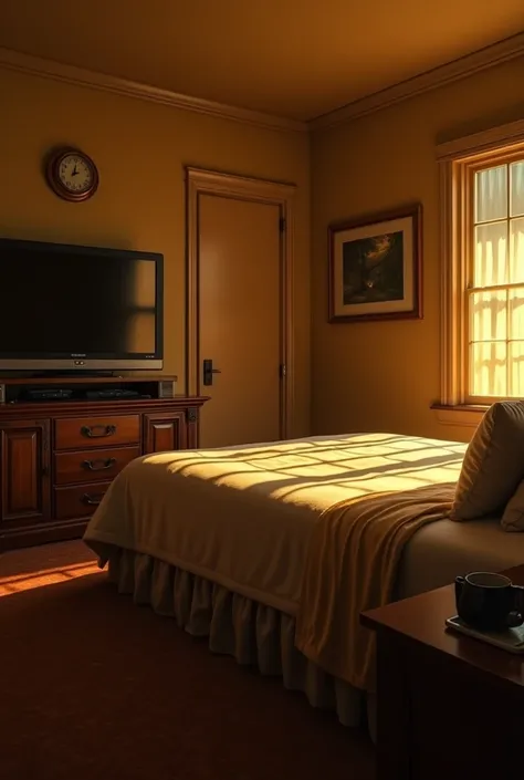 An inn room ,  with a tidy bed ,  ready to receive guests ,  containing a large TV on the wall in front of the bed .  To the right of the bed a large closed window .  Its nighttime and the warm, yellow lights are on 