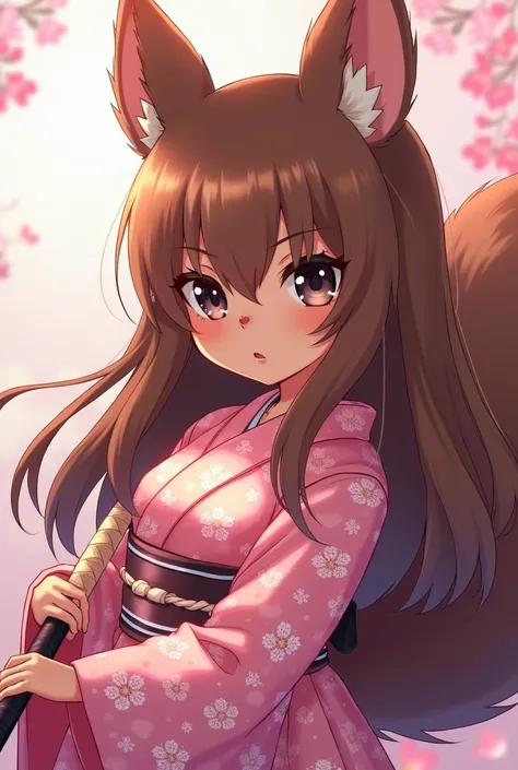 Furry squirrel girl ,  anime style demon slayer, Skin a little bit dark , squirrel nose , black eyes,  long brown hair , with a tender but intimidating expression with Japanese kimono with pink floral print and pastel pink katana