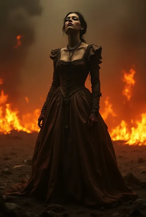 Headless Marie Antoinette in France in a fire-filled disaster scenario, With her dress rotated and burned and hurt 