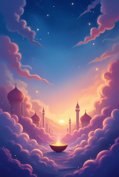 A vibrant, cartoon-style background fit for a friendly genie character. The background includes swirling, magical clouds in shades of blue, purple, and gold, with sparkling stars and glowing dust particles scattered throughout. In the distance, add faint, ...