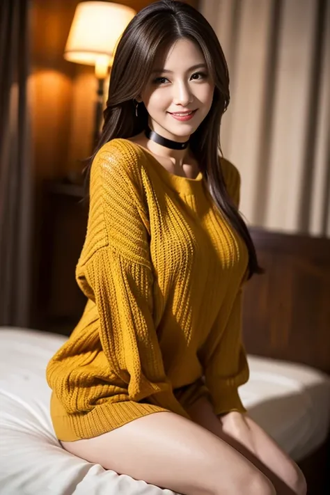 beautiful woman, 45 years old, very naughty beautiful face, sadistic smile, seductive grin smug, big breasts, fashionable feminine long sweater, bottom less, choker, depth of field, obscene gaze, active approach, sexy dynamic pose, aggressive closer, befor...