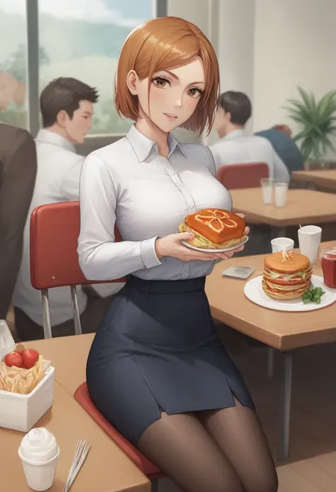 masterpiece,best quality,nsfw,1 girl,short hair,brown hair,brown eyes,precise fingers,dress shirt,skirt,long black tights,long sleeve,gluttony competition,meal,lots of junk food,sit on a chair,Kugisaki Nobara,