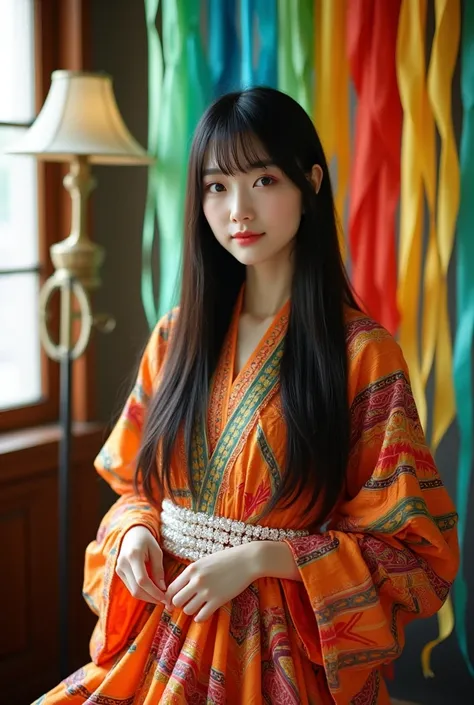  Realistic photo of a Korean woman with long black hair straight up to the hips bangs  ,  wears a bright colorful tribal motif dress with a unique bubbly and wrinkled sleeve model long sleeves , Attractive hand  ,  blue red yellow  ,  sparkling white pearl...