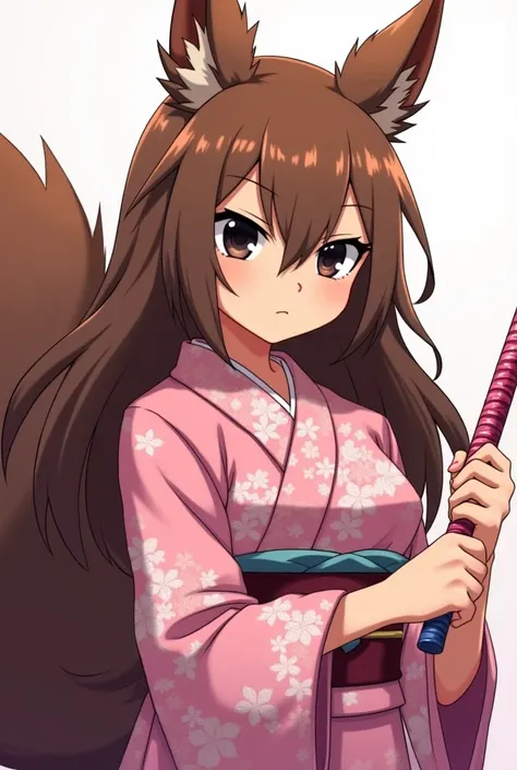 Furry squirrel girl ,  anime style, demon Slayer, Kimetsu no yaiba, Skin a little bit dark , squirrel nose , black eyes,  long brown hair , with a tender but intimidating expression with Japanese kimono with pink floral print and pastel pink katana