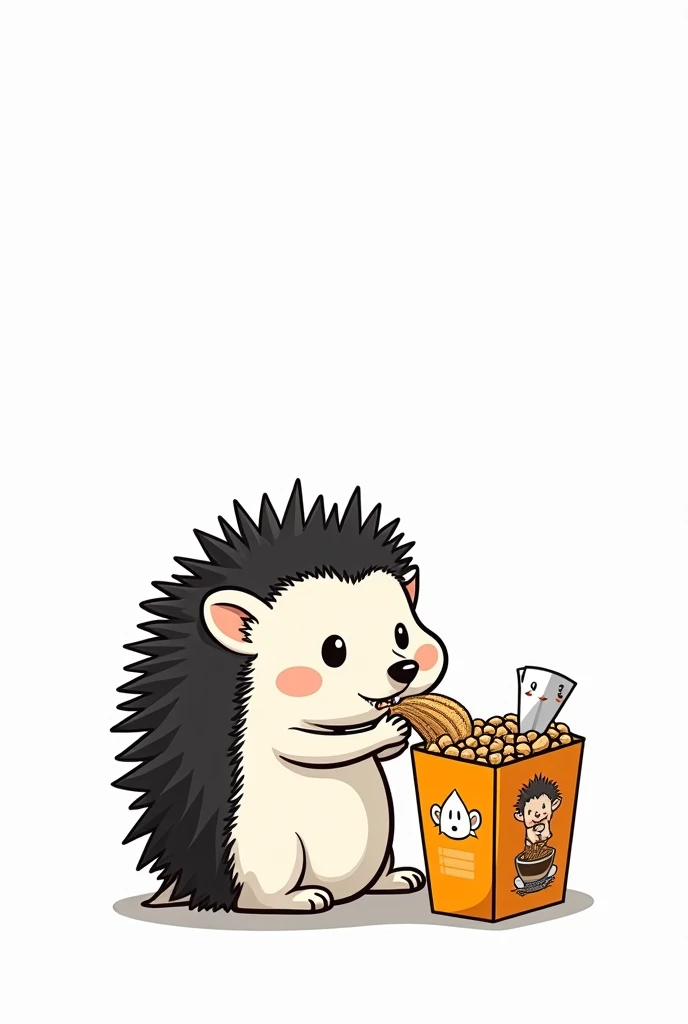 Hedgehog eating from a cereal box, comic tattoo design, black-and-white, simple, Sweet