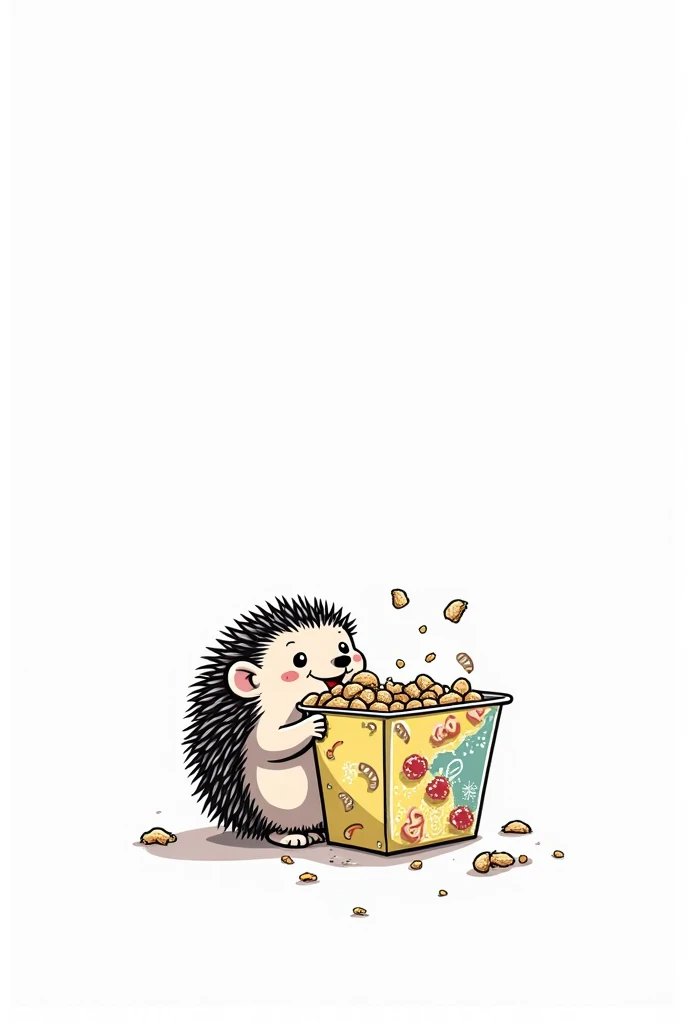 Hedgehog eating from a cereal box, comic tattoo design, black-and-white, simple, Sweet