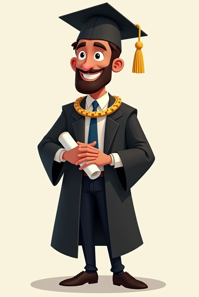 university graduate with degree in hand wearing black college suit full body cartoon male version with slave around his neck