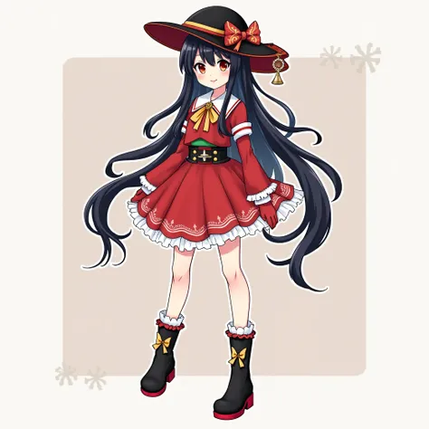 Female anime Mamanuela hat black hair top Mamanuela top in the hands has gloves on the bottom mamanuela skirt and has black boots red bottom with a Christmas reindeer