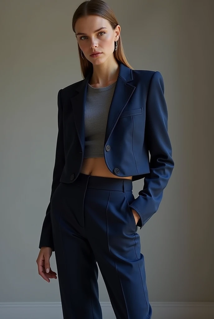 Hello so i want a 3 piece trouaer suit for a lady okay make it so unique i want a crop court and the top to be vrooped as well and ensjre it has beautiful and so unique design generate like 10 different images. My theme colojr is either blue purple or red ...