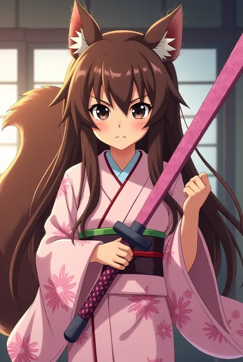 Furry squirrel girl ,  anime style, demon Slayer, Kimetsu no yaiba, Skin a little bit dark , squirrel nose , black eyes,  long brown hair , with a tender but intimidating expression with Japanese kimono with pink floral print and pastel pink katana, demon ...