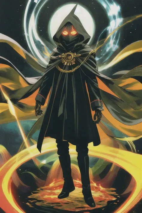 ((best quality)), ((masterpiece)), (detailed), 1 boy, full body, 2, young adult, long black scarf, bandage covering mouth, glowing eyes, 1 scratch on right eye, hood black, black skin, messy hair, black coat, loose sleeves, tall, thin, white zigzag marking...