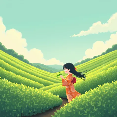 Fairy tale illustration by Reiko Ikemura, pixabay, simple art, full color illustration, cute fairy tale illustration, picture book illustration, illustration, girl picking tea in the style of Hayao Miyazaki, in the field, kimono, kimono  