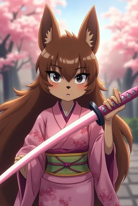 Furry squirrel girl ,  anime style, demon Slayer, Kimetsu no yaiba, Skin a little bit dark , squirrel nose , black eyes,  long brown hair , with a tender but intimidating expression with Japanese kimono with pink floral print and pastel pink katana, demon ...