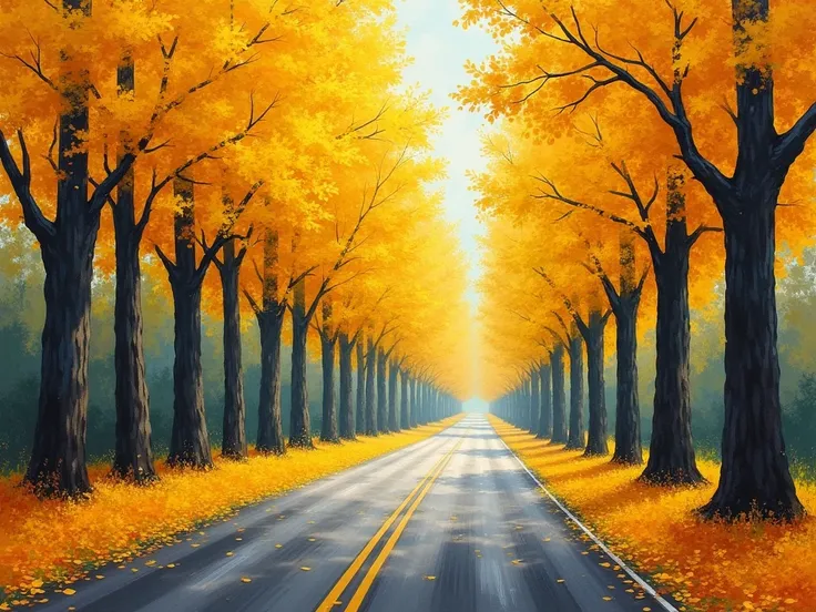 a road that has a bunch of trees on it and a lot of yellow leaves on the trees and the road is lined with yellow leaves, Art Brenner, color field, beautiful landscape, an impressionist painting,High Resolution, High Quality, HD, 