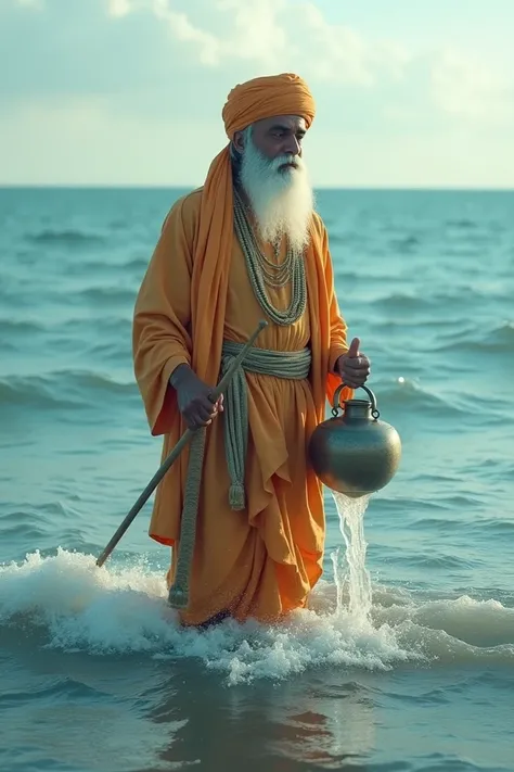 Guru Nanak Dev Ji is standing in the ocean and he has a water vessel in his hand from which water is flowing. Realistic picture, Eastman colour, Full hd 