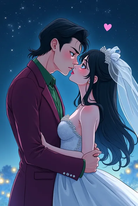  Young man, athletic,  has black hair ,  short mullet cut , stripped down style. two-toned eyes, a blue, another green.  cosplaying Joker .  He is passionately kissing the lips of a shorter girl,  that has long hair, a pink heart, and blue eyes,  cosplayin...