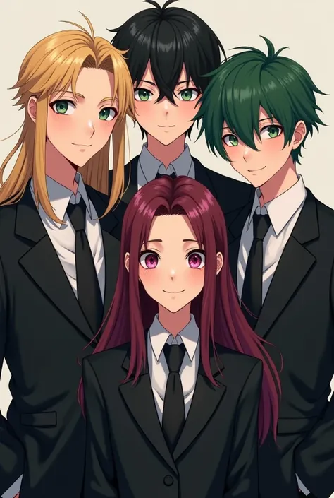 friend. three boys and a girl .  long blonde hair and . green eyes..  black hair hair .And eyes verdagua . the other with dark green hair .y  green eyess oscuro.. the other with burgundy hair and pink eyes..wearing a black suit ..  age 25 years

INFO 