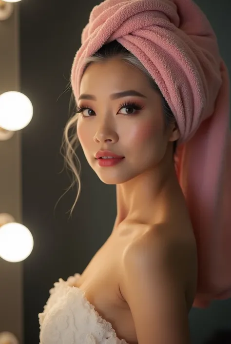 A sexy still very young looking 50 yearsold mature Filipino girl with a pink hair towel completely covering her head she is getting married wearing a bathrobe standing in a makeup room High-k ey lighting Style, 1girl, sol o,gray hair, completely gray hair,...