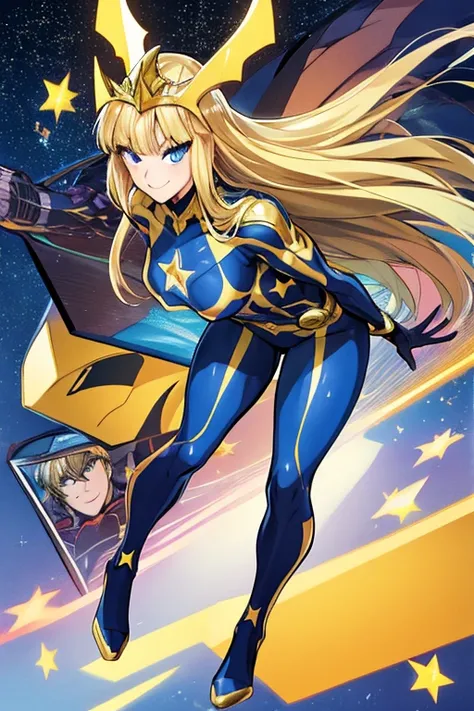 ((best quality)), ((masterpiece)), (detailed), 1 girl, full body, 19 years old, white skin, smiling face, masked face, blushing, blonde hair, straight hair, long hair, bangs, full body, superhero mask, yellow mask, hands with stars, blue bracelets, purple ...