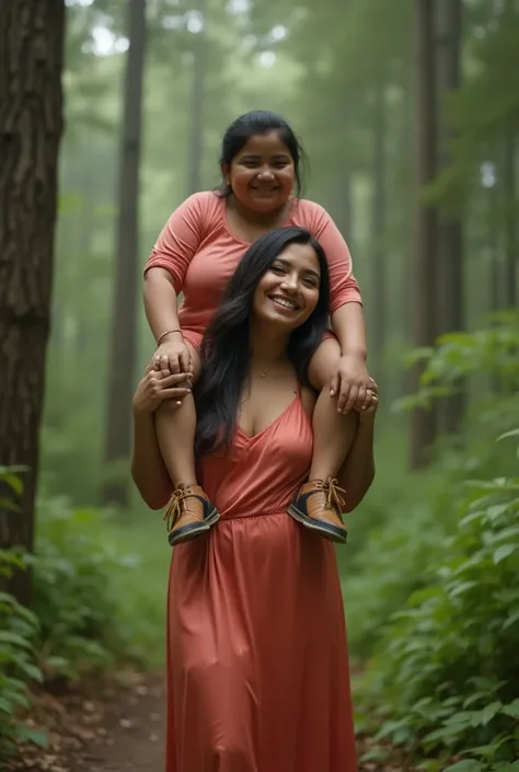 Create a realistic photograph of a tall smiling and beautiful Turkish brunette woman in salmon satin dress carrying a overweight indian man with dad bod on her shoulder , in a remote forest holiday , man is sitting on top of her shoulder, man on top, woman...